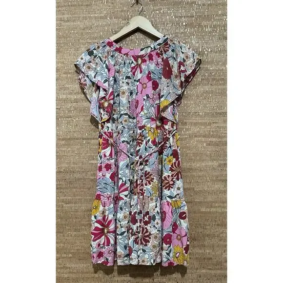 Umgee Pink Floral Dress V-Neck Flutter Sleeve Peasant Cottagecore Small Back Tie - Picture 5 of 9
